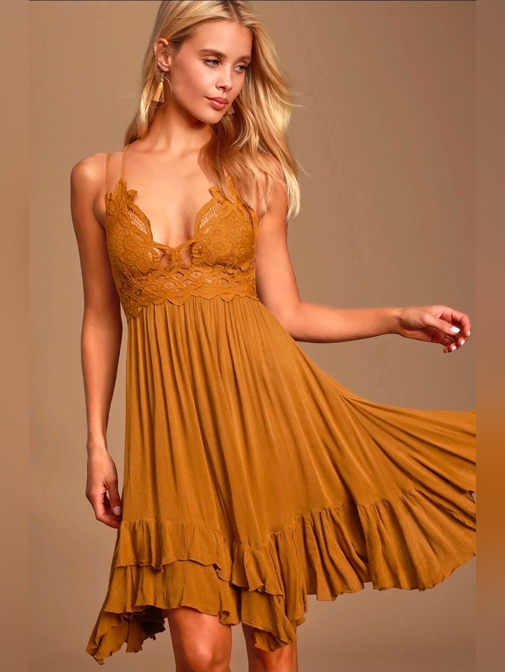 Free People Adella Slip Golden Yellow Lace Dress Boho Size XS-S